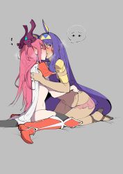 Rule 34 | 2girls, absurdres, armlet, armor, blush, boots, cape, closed eyes, dark-skinned female, dark skin, dragon horns, dragon tail, earrings, elizabeth bathory (brave) (fate), elizabeth bathory (fate), elizabeth bathory (fate/extra ccc), facial mark, fate/grand order, fate (series), french kiss, from side, greaves, grey background, hair ornament, heavy breathing, highres, hoop earrings, horns, jewelry, jikatarou, kiss, long hair, looking to the side, low-tied long hair, multiple girls, nitocris (fate), open mouth, pink hair, pointy ears, profile, purple eyes, purple hair, ribbon, simple background, sitting, sweat, tail, very long hair, wariza, white cape, yuri