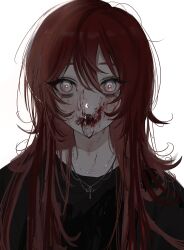 Rule 34 | 1girl, absurdres, black shirt, blood, blood on face, bright pupils, cross, cross necklace, fangs, film grain, grey eyes, hair between eyes, highres, jewelry, long hair, looking at viewer, necklace, open mouth, original, pearl necklace, red hair, riroi (rntr ll), shirt, simple background, solo, upper body, white background, white pupils