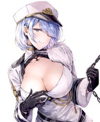 Rule 34 | 1girl, azur lane, black gloves, blue eyes, blue hair, blush, breasts, chain, chapayev (azur lane), cleavage, closed mouth, collarbone, gloves, ha9na, hair ornament, hairclip, hat, head tilt, holding, holding chain, jacket, large breasts, long sleeves, looking at viewer, military hat, mole, mole on breast, one eye closed, peaked cap, short hair, simple background, smile, solo, white background, white hat, white jacket