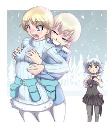Rule 34 | 10s, 3girls, blonde hair, blue eyes, brave witches, breast envy, grabbing another&#039;s breast, breasts, dress, eila ilmatar juutilainen, from behind, fur trim, grabbing, grin, medium breasts, multiple girls, nikka edvardine katajainen, non-web source, pantyhose, sanya v. litvyak, smile, strike witches, surprised, sweater, sweater dress, white pantyhose, world witches series