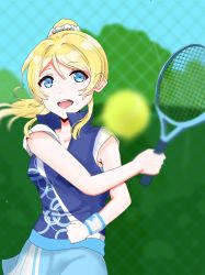 Rule 34 | 1girl, aqua skirt, artist name, artist request, ayase eli, ball, bare shoulders, blonde hair, blue eyes, blue shirt, blue sky, blush, breasts, clenched hand, cloud, collarbone, day, female focus, hair between eyes, hair bobbles, hair ornament, hair scrunchie, high ponytail, holding, holding tennis racket, long hair, looking at viewer, love live!, love live! school idol festival, love live! school idol project, miniskirt, outdoors, parted lips, plaid, plaid skirt, pleated, pleated skirt, ponytail, racket, scrunchie, shirt, skirt, sky, sleeveless, sleeveless shirt, small breasts, smile, solo, sportswear, tennis ball, tennis racket, tennis uniform, white scrunchie, white wristband, wing collar, wristband