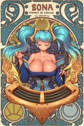 Rule 34 | 1girl, bare shoulders, blue hair, breasts, bursting breasts, cleavage, collarbone, detached sleeves, dress, english text, etwahl, closed eyes, hair ornament, highres, huge breasts, league of legends, long hair, low neckline, multicolored hair, musical note, nestkeeper, off shoulder, smile, solo, sona (league of legends), star (symbol), starry background, strapless, strapless dress, treble clef, twintails, two-tone hair, upper body