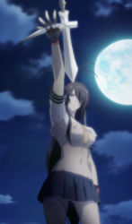 Rule 34 | 10s, 1girl, ahoge, antenna hair, blood, bow, breasts, covered erect nipples, fingerless gloves, gloves, grey eyes, hair over one eye, highres, ikkitousen, kan&#039;u unchou, large breasts, long hair, midriff, moon, navel, night, night sky, nipples, outdoors, outstretched arm, polearm, purple hair, red gloves, school uniform, screencap, skirt, sky, spear, stitched, third-party edit, torn clothes, uniform, very long hair, weapon