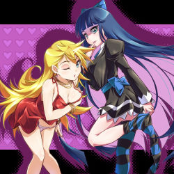 Rule 34 | 10s, 2girls, bad id, bad pixiv id, bent over, blonde hair, blue hair, breasts, cleavage, dress, jewelry, kimoto kanata, large breasts, leaning forward, lots of jewelry, multiple girls, panties, panty &amp; stocking with garterbelt, panty (psg), pantyhose, red dress, siblings, sisters, stocking (psg), striped clothes, striped legwear, striped pantyhose, thighhighs, underwear