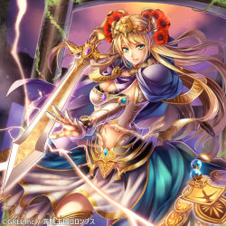 Rule 34 | 1girl, arm up, bad id, bad pixiv id, blonde hair, bracelet, breasts, cape, circlet, cleavage, cloud, cloudy sky, company name, copyright name, cowboy shot, electricity, eyebrows, fighting stance, flower, gauntlets, gem, glowing, glowing weapon, green eyes, hair flower, hair ornament, holding, holding sword, holding weapon, jewelry, kaizoku ookoku koronbusu, long hair, looking at viewer, milcho, navel, official art, outstretched arm, plant, sky, smile, solo, sword, vines, weapon, white legwear