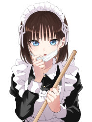 Rule 34 | 1girl, absurdres, apron, black dress, blue eyes, broom, brown hair, dress, eyebrows hidden by hair, frilled apron, frills, hand up, highres, holding, holding broom, juliet sleeves, long sleeves, looking at viewer, maid, maid apron, maid headdress, mask, mask pull, mouth mask, natsupa, open mouth, original, puffy sleeves, pulled by self, simple background, solo, surgical mask, upper body, white apron, white background