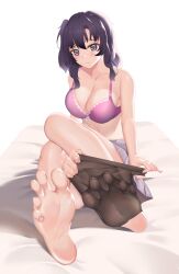 Rule 34 | 1girl, absurdres, amelia moreau, barefoot, bra, breasts, cleavage, feet, grief (series), highres, large breasts, light blush, long hair, looking at viewer, open clothes, open shirt, pantyhose, unworn pantyhose, purple eyes, purple hair, side ponytail, soles, solo, toes, underwear