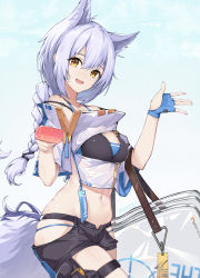 Rule 34 | 1girl, :d, absurdres, animal ears, arknights, artist name, bag, bare shoulders, bikini, bikini under clothes, black bikini, black shorts, blue gloves, blue sky, braid, breasts, brown eyes, cleavage, cleavage cutout, clothing cutout, cowboy shot, day, fingerless gloves, food, gloves, highres, holding, holding food, large tail, long hair, looking at viewer, medium breasts, navel, official alternate costume, open mouth, outdoors, popsicle, provence (arknights), provence (casual vacation) (arknights), short shorts, short sleeves, shorts, silver hair, single braid, single glove, skindentation, sky, smile, solo, stomach, swimsuit, tail, thigh strap, timmoo, unzipped, zipper pull tab