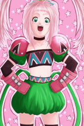 Rule 34 | 1girl, aqua eyes, blush, chelsea torn, choker, flat chest, gloves, knee pads, long hair, midriff, navel, open mouth, pink hair, tales of (series), tales of destiny