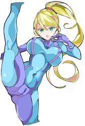 Rule 34 | 1girl, blonde hair, blue bodysuit, blue eyes, bodysuit, breasts, cameltoe, covered erect nipples, enpe, high kick, highres, kicking, large breasts, leg up, long hair, metroid, mole, mole under mouth, nintendo, open mouth, ponytail, samus aran, simple background, solo, teeth, v-shaped eyebrows, white background, zero suit