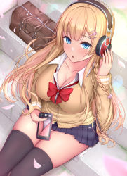 Rule 34 | 1girl, :o, azur lane, bag, beige cardigan, blonde hair, blue eyes, blue skirt, braid, breasts, cardigan, cellphone photo, cleavage, collarbone, collared shirt, commentary request, day, from above, hair ornament, hairclip, headphones, highres, holding, holding phone, kongou (azur lane), kongou (breezy commute) (azur lane), large breasts, long hair, looking at viewer, melopun, official alternate costume, open mouth, outdoors, panties, petals, phone, pleated skirt, red ribbon, ribbon, school bag, school uniform, shirt, sitting, skindentation, skirt, solo, stairs, star (symbol), star hair ornament, thighhighs, thighs, underwear, white panties, white shirt