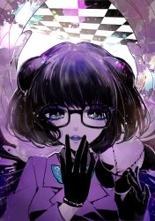 Rule 34 | 1girl, bad id, bad pixiv id, black-framed eyewear, black gloves, black hair, blue bow, blue bowtie, bow, bowtie, double bun, glasses, gloves, hair bun, hand up, jacket, long sleeves, looking at viewer, mamaloni, purple eyes, purple jacket, short sleeves, show by rock!!, smile, solo, upper body, yaginupan (show by rock!!)