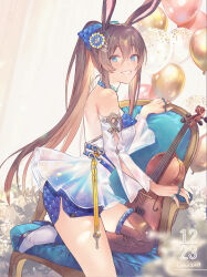 Rule 34 | 1girl, alternate costume, amiya (arknights), animal ears, arknights, armchair, balloon, bare back, bare shoulders, blue bow, blue eyes, blue skirt, blush, bow, brown hair, brown thighhighs, chair, chinese commentary, commentary request, dated, detached sleeves, dress, foot out of frame, from side, hair between eyes, hair bow, hair ornament, hairclip, high heels, highres, instrument, jewelry, lino chang, long hair, looking at viewer, looking to the side, multiple rings, off-shoulder dress, off shoulder, ponytail, rabbit ears, ring, sidelocks, signature, single thighhigh, skirt, sleeveless, sleeveless dress, smile, solo, teeth, thighhighs, very long hair, violin, white dress, white footwear, white sleeves
