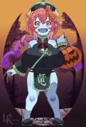 Rule 34 | 1girl, alternate costume, black headwear, breasts, cleavage, collarbone, costume, dragon girl, dragon horns, fang, female focus, fingernails, full body, gradient background, halloween, halloween bucket, halloween costume, horns, huge breasts, ilulu (maidragon), jack-o&#039;-lantern, kobayashi-san chi no maidragon, leokingdom, long hair, looking at viewer, matching hair/eyes, nail polish, open mouth, pointy ears, qipao dress, red eyes, red hair, shortstack, simple background, slit pupils, smile, solo, standing, twintails, zombie