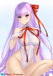 Rule 34 | 1girl, bb (fate), bb (fate/extra), breasts, closed mouth, covered navel, fate/extra, fate/extra ccc, fate (series), gloves, hair ribbon, helloimtea, highleg, highleg leotard, highres, large breasts, leotard, long hair, neck ribbon, purple eyes, purple hair, red ribbon, ribbon, thighs, very long hair, white gloves, white leotard