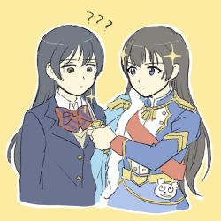 Rule 34 | ?, ??, black hair, blue eyes, blue hair, brown eyes, closed mouth, crossover, dagger, highres, kagura hikari, knife, long hair, love live!, love live! school idol project, mr. white (revue starlight), otonokizaka school uniform, school uniform, shoujo kageki revue starlight, simple background, solllolll, sonoda umi, sparkle, sparkle hair ornament, voice actor connection, weapon, yellow background