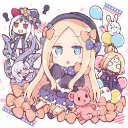 Rule 34 | 4girls, :&lt;, :d, :o, abigail williams (fate), abigail williams (traveling outfit) (fate), american flag, balloon, barefoot, black bow, black dress, black footwear, black hat, black jacket, black panties, blonde hair, bloomers, blue eyes, blush, blush stickers, bow, bug, butterfly, chibi, closed mouth, commentary request, dress, elbow gloves, fate/grand order, fate (series), forehead, fou (fate), gloves, hair between eyes, hair bow, hair bun, hat, heroic spirit traveling outfit, insect, jacket, keyhole, lavinia whateley (fate), long hair, long sleeves, medjed (fate), multiple girls, multiple persona, nose blush, o o, official alternate costume, open mouth, orange bow, pale skin, panties, parted bangs, parted lips, polka dot, polka dot bow, purple eyes, purple gloves, red eyes, rioshi, sharp teeth, shoes, silver hair, single hair bun, sitting, sleeves past fingers, sleeves past wrists, smile, standing, star (symbol), stuffed animal, stuffed toy, suction cups, sweat, teddy bear, teeth, tentacles, underwear, very long hair, wavy mouth, white background, white bloomers, witch hat