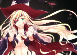Rule 34 | 1girl, bberry, black background, blonde hair, breasts, cape, cleavage, collarbone, eyebrows, eyepatch, female focus, fingernails, floating hair, green eyes, hat, long hair, looking at viewer, medium breasts, midriff, open mouth, othinus, tears, teeth, toaru majutsu no index, toaru majutsu no index: new testament, upper body, upper teeth only, witch hat