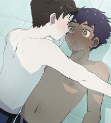 Rule 34 | 2boys, black male swimwear, bright pupils, brown hair, closed mouth, commentary request, creatures (company), dark-skinned male, dark skin, eye contact, game freak, hands up, highres, hiragana (maru kaku), hop (pokemon), indoors, interracial, kabedon, looking at another, male focus, male swimwear, multiple boys, navel, nintendo, nipples, pokemon, pokemon swsh, purple hair, short hair, shoulder blades, shower (place), swimsuit, topless male, victor (pokemon), water, wet, yaoi, yellow eyes