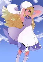 Rule 34 | 1girl, armpits, arms up, bare arms, blonde hair, blue sky, braid, cloud, creatures (company), day, dress, floating hair, game freak, green eyes, hat, highres, kobo (cobo 0609), lillie (pokemon), long hair, looking at viewer, nintendo, open mouth, outdoors, pokemon, pokemon sm, see-through, sky, sleeveless, sleeveless dress, solo, straight hair, sun hat, twin braids, white dress, white hat