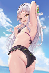 Rule 34 | 1girl, arm behind head, arm up, armpits, ass, bare shoulders, beach, bikini, black bikini, blue sky, blunt bangs, blush, breasts, grey hair, half updo, highres, hololive, long hair, looking at viewer, milkshakework, murasaki shion, murasaki shion (hololive summer 2019), open mouth, sidelocks, sky, small breasts, smile, solo, swimsuit, thighs, virtual youtuber, yellow eyes