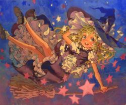 Rule 34 | 1girl, absurdres, acrylic paint (medium), ama-tou, black footwear, blonde hair, broom, female focus, flying, frills, gathers, hand on headwear, hat, highres, kirisame marisa, looking at viewer, night, open mouth, painting (medium), ribbon, shoes, smile, solo, star (symbol), touhou, traditional media, witch, witch hat, yellow eyes
