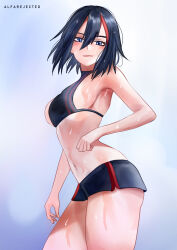 Rule 34 | 1girl, absurdres, alfarejected, armpits, bare shoulders, black hair, blue eyes, breasts, exercising, hair between eyes, highres, kill la kill, looking at viewer, matoi ryuuko, medium breasts, messy hair, multicolored hair, navel, panties, parted lips, profile, revealing clothes, short hair, sideboob, signature, simple background, smile, solo, stomach, streaked hair, sweat, thighs, tongue, trigger (company), turning head, two-tone hair, underwear, wet, wet hair