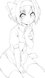 Rule 34 | 1girl, arm support, black thighhighs, dress shirt, greyscale, hair ribbon, hairband, hand on own chest, highres, konpaku youmu, lineart, looking at viewer, monochrome, niwashi (yuyu), no pants, no shoes, panties, puffy short sleeves, puffy sleeves, ribbon, shirt, short hair, short sleeves, sitting, smile, solo, thighhighs, touhou, underwear, vest, wariza, white background, yellow background
