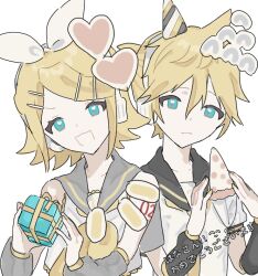 Rule 34 | 0211nami, 1boy, 1girl, blonde hair, blue eyes, bow, detached sleeves, gift, hair bow, headset, holding, holding gift, kagamine len, kagamine rin, looking at viewer, open mouth, sailor collar, smile, treble clef, vocaloid, white bow