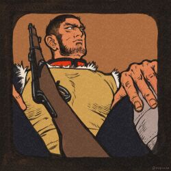 Rule 34 | 1boy, arisaka, bara, beard, black hair, bolt action, brown theme, buzz cut, collared jacket, facial hair, feet out of frame, foreshortening, from below, gaiters, golden kamuy, gun, jacket, large pectorals, looking to the side, male focus, mature male, muscular, muscular male, nopinzo, pectorals, rifle, short hair, sideburns, solo, tanigaki genjirou, thick eyebrows, very short hair, weapon