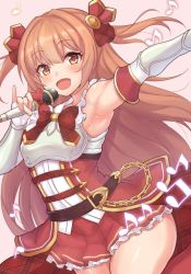 Rule 34 | 1girl, arm up, armpits, belt, bow, brown belt, brown eyes, brown hair, chest armor, dress, fingerless gloves, gauntlets, gloves, hair ornament, idol, looking at viewer, matsumotoke, microphone, miniskirt, musical note, nozomi (princess connect!), open mouth, princess connect!, red bow, red dress, skirt, solo, standing, straight hair, thighs, two side up, white gloves
