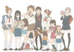 Rule 34 | 6+girls, :q, arm behind back, backpack, bag, bandaid, black eyes, black hair, black socks, black thighhighs, blush, book, bow, bracelet, brown eyes, brown hair, child, closed eyes, clothes grab, clothes lift, eating, from behind, glasses, hair bun, hair ornament, hairband, hairclip, hand fan, headphones, jewelry, charm (object), kneehighs, leaning forward, legs, loafers, long hair, makeup, mary janes, mouth hold, multiple girls, open book, open mouth, original, pantyhose, ponytail, profile, randoseru, reading, ribbon, school bag, school uniform, serafuku, shirt grab, shoes, simple background, single hair bun, skirt, skirt lift, smile, sneakers, socks, standing, sweater, tarako73, thighhighs, tongue, tongue out, twintails, white socks, wristband, zettai ryouiki