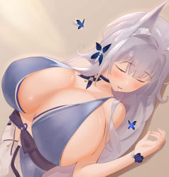 Rule 34 | 1girl, animal ears, azur lane, bare shoulders, blue dress, breasts, butterfly hair ornament, cleavage, closed eyes, dress, fox ears, fox girl, hair ornament, huge breasts, long hair, lying, official alternate costume, on back, open mouth, saliva, shinano (azur lane), shinano (dreams of the hazy moon) (azur lane), sleeping, tagme, vanhot, white hair