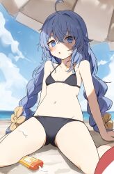 Rule 34 | 1girl, :o, ahoge, arm support, beach, bikini, black bikini, black bikini bottom, blue eyes, blue sky, blush, bottle, bow, braid, breasts, cloud, collarbone, commentary, crossed bangs, english commentary, hair between eyes, hair bow, highres, horizon, looking at viewer, lotion, low twin braids, mushoku tensei, ocean, orobou, outdoors, parasol, reclining, roxy migurdia, sitting, sky, small breasts, solo, sunscreen, swimsuit, thighs, twin braids, umbrella, wariza, yellow bow