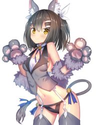 Rule 34 | 1girl, ame sagari, animal ear fluff, animal ears, animal hands, bare shoulders, bell, black panties, black vest, blush, cat ears, cat girl, cat tail, closed mouth, cowboy shot, fate/kaleid liner prisma illya, fate (series), garter straps, gloves, gluteal fold, hair ornament, hair ribbon, hairclip, jingle bell, looking at viewer, miyu edelfelt, navel, panties, paw gloves, purple ribbon, ribbon, short hair, simple background, smile, solo, stomach, tail, tail ornament, tail ribbon, thighhighs, twintails, two side up, underwear, vest, white background, white ribbon, yellow eyes