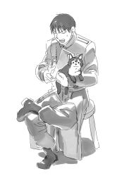 Rule 34 | 1boy, amestris military uniform, animal, annoyed, black hair, black hayate, blackfoxes, boots, chair, crossed legs, dog, fingernails, frown, full body, fullmetal alchemist, greyscale, highres, holding, holding animal, male focus, military, military uniform, monochrome, open mouth, roy mustang, short hair, simple background, sitting, sweatdrop, uniform, white background