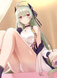Rule 34 | 1girl, ahoge, aqua hair, arm up, bare legs, black choker, black ribbon, blush, breasts, choker, closed mouth, collarbone, dated, feet out of frame, girls&#039; frontline, hair ribbon, hand grab, hand in own hair, highres, large breasts, legs, long hair, looking at viewer, ltlx 7000 (girls&#039; frontline), ltlx 7000 (night-tide invitation) (girls&#039; frontline), mole, mole on thigh, official alternate costume, one-piece swimsuit, red eyes, ribbon, sarasa (kanbi), simple background, sitting, solo, swimsuit, thighs, white one-piece swimsuit
