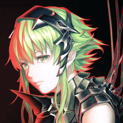 Rule 34 | 1girl, armor, black background, cable, closed mouth, green eyes, green hair, gumi, headgear, looking at viewer, matching hair/eyes, mstm, portrait, short hair, short hair with long locks, sidelocks, simple background, solo, vocaloid