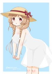 Rule 34 | 1girl, braid, breasts, brown eyes, cleavage, cloud hair ornament, dress, feet out of frame, gradient hair, hat, kantai collection, large breasts, leaning forward, light brown hair, long hair, masara (chuujou), minegumo (kancolle), multicolored hair, one-hour drawing challenge, see-through silhouette, solo, sun hat, twin braids, white dress