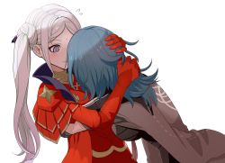Rule 34 | 2girls, armor, black coat, blue hair, blush, breasts, byleth (female) (fire emblem), byleth (fire emblem), cape, coat, edelgard von hresvelg, fire emblem, fire emblem: three houses, gauntlets, gloves, grey hair, highres, hug, large breasts, long hair, looking at another, medium hair, multiple girls, nieto tokage, nintendo, official alternate hairstyle, purple eyes, red cape, red gloves, side ponytail, simple background, sweatdrop, white background, yuri