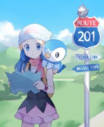 Rule 34 | 1girl, :/, bare arms, beanie, black shirt, blue eyes, blue hair, blue sky, bush, closed eyes, closed mouth, cloud, commentary, cowboy shot, creatures (company), dawn (pokemon), day, english commentary, game freak, gen 4 pokemon, hat, hill, holding, holding map, long hair, looking down, map, mei (maysroom), mountain, nintendo, on shoulder, path, pink scarf, pink skirt, piplup, pokemon, pokemon (creature), pokemon dppt, pokemon on shoulder, poketch, road, road sign, scarf, shade, shirt, sign, signature, skirt, sky, sleeveless, sleeveless shirt, standing, starly, watch, white headwear, wristwatch