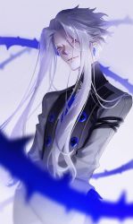Rule 34 | 1boy, arms at sides, blurry, buttons, closed mouth, depth of field, earrings, forever 7th capital, grey background, grey hair, grey shirt, hair between eyes, hair over one eye, hair strand, highres, iscario (forever 7th capital), jewelry, lao bai (pixiv36119836), light particles, long sleeves, male focus, mole, mole under mouth, shirt, short hair with long locks, smile, solo, thorns, upper body, yellow eyes