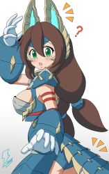 Rule 34 | 1girl, armor, blush, breasts, brown hair, from behind, gloves, green eyes, hair between eyes, highres, iris (mega man), large breasts, long hair, looking at viewer, low twintails, mega man x (series), mega man x dive, open mouth, panties, signature, simple background, solo, twintails, underwear, very long hair, white background, zinogre (armor)