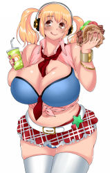 Rule 34 | 1girl, :q, bacon, belly, between breasts, blonde hair, bracelet, breasts, brown eyes, burger, cleavage, drinking straw, egg, food, headphones, highres, huge breasts, jewelry, komusou (jinrikisha), lettuce, long hair, looking at viewer, nail polish, necktie, necktie between breasts, nitroplus, plump, simple background, smile, solo, super pochaco, thick thighs, thighhighs, thighs, tomato, tongue, tongue out, twintails, white background, white thighhighs