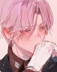 Rule 34 | 1boy, covering own mouth, embarrassed, flustered, gloves, hand over own mouth, humiliation, joshua levinth, kuzuvine, looking away, lord of heroes, male focus, pale skin, pink eyes, pink hair, solo, white background