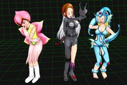 Rule 34 | 3girls, absurdres, animal ears, arms behind back, arms up, barefoot, belt, blonde hair, blush, bodysuit, boots, breasts, brown hair, chain, claws, cosplay, digimon, digimon adventure, digimon frontier, digimon savers, embarrassed, flower, fujieda yoshino, gauntlets, gloves, hair ornament, helmet, highres, jewelry, ladydevimon, ladydevimon (cosplay), lilamon, lilamon (cosplay), looking down, medium breasts, medium hair, multiple girls, navel, open mouth, orimoto izumi, ranamon, ranamon (cosplay), red eyes, red hair, shiny clothes, shiny skin, short hair, skull print, standing, tagme, thighhighs, whi-sky, white hair, yagami hikari