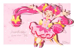 Rule 34 | 1girl, ahoge, blunt bangs, blush, boots, choker, commentary, cure star, dress, earrings, english commentary, fur-trimmed boots, fur cuffs, fur trim, hair ornament, happy birthday, high heel boots, high heels, highres, hoop earrings, hoshina hikaru, jewelry, long hair, magical girl, open mouth, petticoat, pink choker, pink dress, pink footwear, pink hair, pink thighhighs, planet hair ornament, pouch, precure, short dress, single thighhigh, solo, star (symbol), star choker, star hair ornament, star twinkle precure, thighhighs, twintails, ulsrnj1, very long hair, wrist cuffs
