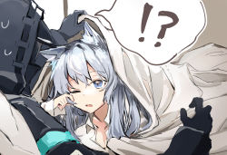 !? 1girl 1other ambiguous_gender animal_ears arknights black_gloves black_jacket blue_eyes cat_ears doctor_(arknights) gloves grey_hair hood hood_up jacket long_hair mask one_eye_closed open_mouth rosmontis_(arknights) rubbing_eyes shiduki_eku speech_bubble spoken_interrobang sweatdrop waking_up