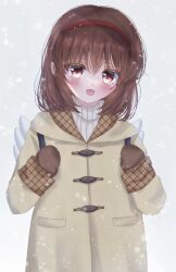 Rule 34 | 1girl, :d, angel wings, blush, brown gloves, brown hair, coat, commentary, cowboy shot, eyelashes, eyes visible through hair, gloves, hair between eyes, hairband, hands up, happy, highres, hood, hood down, kanon, looking at viewer, medium hair, mittens, open mouth, outdoors, red eyes, red hairband, smile, snowing, solo, standing, straight-on, suzu 701kt, tsukimiya ayu, wings, winter, yellow coat
