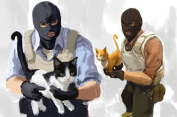 Rule 34 | 2boys, ammunition pouch, animal, black eyes, black gloves, blue shirt, brown pants, bulletproof vest, cat, closed mouth, counter-strike, counter-strike (series), counter-strike 2, gloves, gradient background, grey background, highres, holding, holding animal, holding cat, looking at another, meme, multiple boys, pants, pouch, red shirt, rythayze, shirt, standing, terrorist, vest, white vest